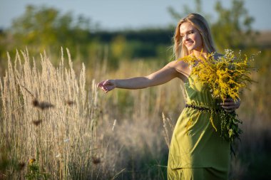 Genç bir şifalı ot uzmanı, sevgi dolu, gezer, biçilmiş otlarını toplar. Yaygın altın sarısı ve kışın çiçeği.