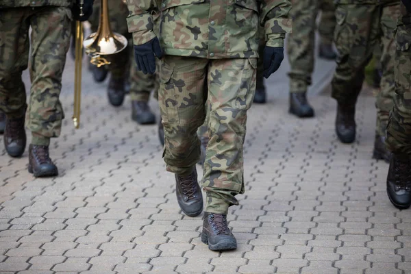 士兵们带着铜管乐器列队行军. — 图库照片