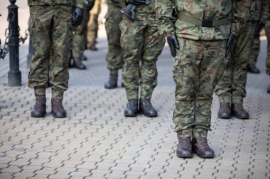 Polonyalı askerler ellerini vücutlarının yanına koyup hazırolda bekliyorlar..
