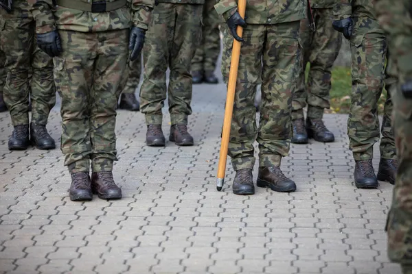 Soldados polacos de pie en la atención y uno de ellos sostiene una bandera poste. — Foto de Stock