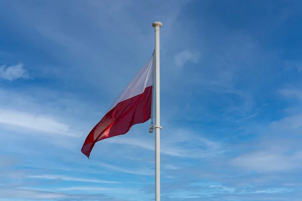 Государственный флаг Польши развевается над голубым небом и несколькими белыми облаками. — стоковое фото