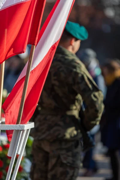 Развеваются польские флаги и на заднем плане стоит солдат в форме и зеленом берете. — стоковое фото