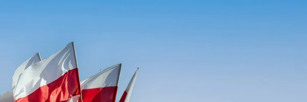 Um grupo de bandeiras vermelhas e brancas do estado polonês agitando-se ao vento. Panorama. — Fotografia de Stock