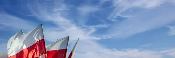 Размахивание национальными флагами Польши летним ветром против голубого неба и облаков. Панорама. — стоковое фото