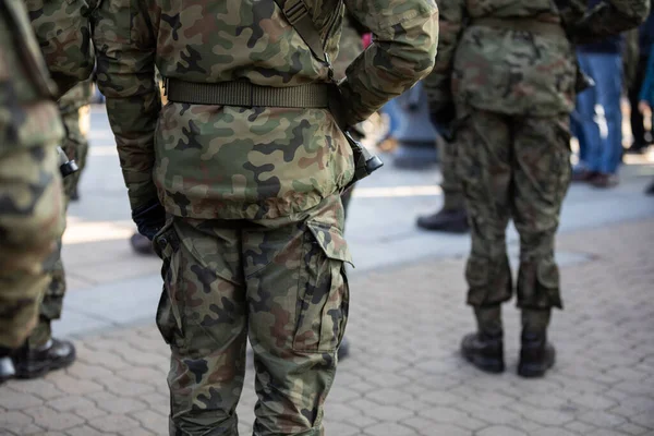 Vista trasera de soldados de pie en varias filas con armas. — Foto de Stock
