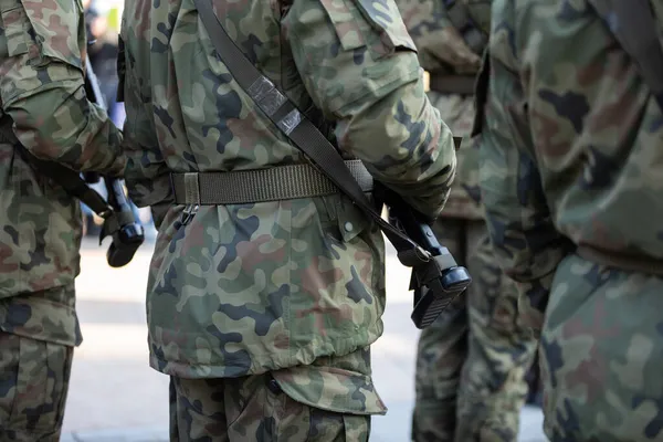 Vista trasera de soldados de pie en varias filas con armas. — Foto de Stock
