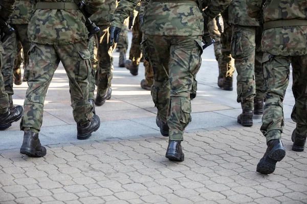 Vista trasera de los soldados marchando en uniforme completo. — Foto de Stock