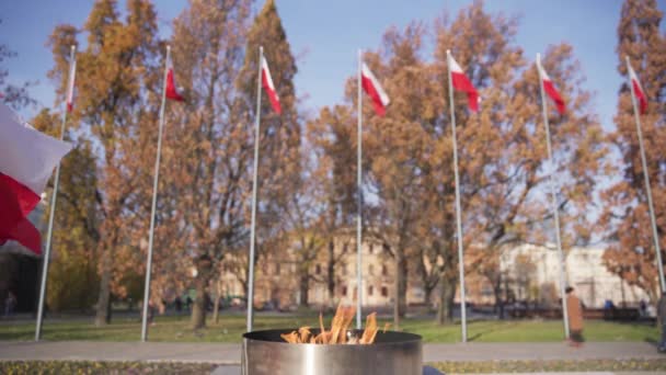 Un feu de bougie brûle et des drapeaux polonais flottent sur de hauts mâts. — Video