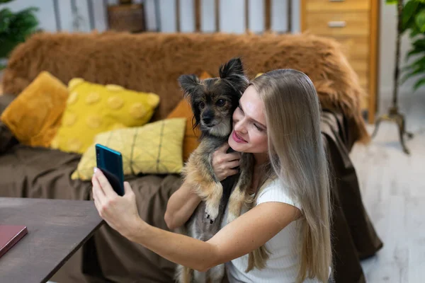 Chica en brazos sostiene perro y se toman selfie juntos. Perro de raza múltiple. — Foto de Stock