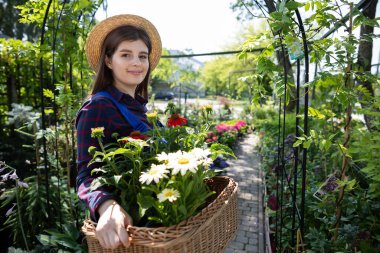 Bir işçi sepeti elinde tutarken, içinde frenk tohumu tohumu tohumu vardı. Bahçe Dükkanı.