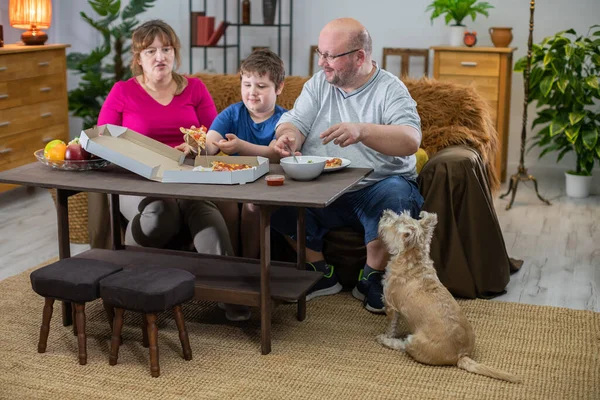 A família distribui fatias de pizza para toda a família e o cão espera sua vez. — Fotografia de Stock