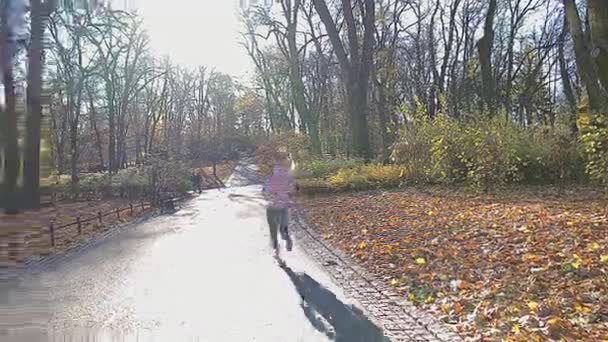 En flicka springer ner för en gränd i en park på en höstmorgon. — Stockvideo