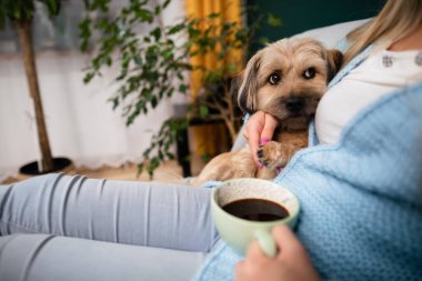 Genç bir kız, kahve içme ayini sırasında köpeğine sarılıyor..