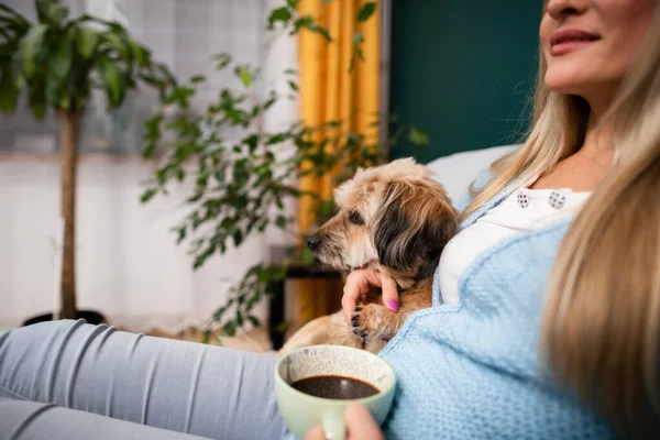 Un perro y una niña, durante su ritual matutino de beber café. — Foto de Stock