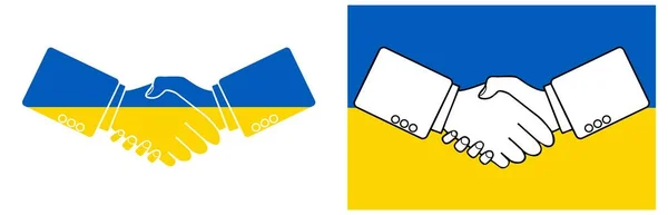 A drawn handshake against the colors of the flag of Ukraine. — Stock Vector