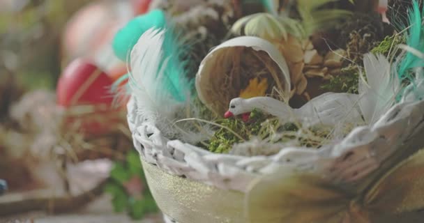 Wielkanocna dekoracja. Łabędź w gnieździe ze złamaną skorupą jajka. — Wideo stockowe