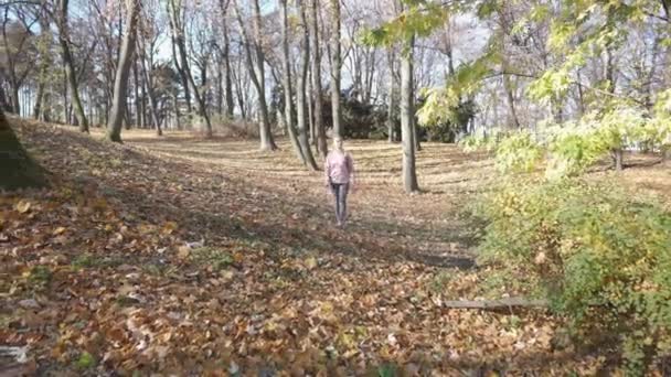 Een ochtendwandeling in een stadspark in Lublin, een glimlachende vrouw. — Stockvideo