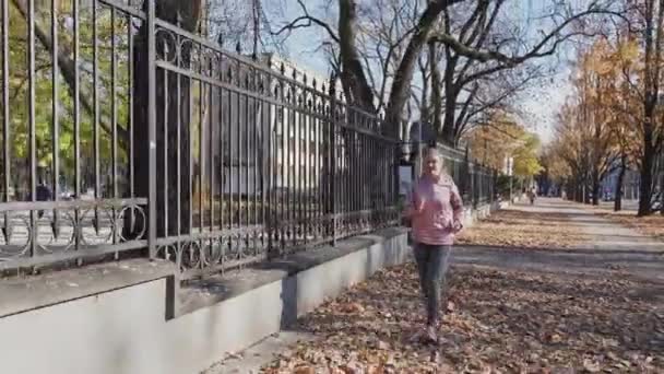 Μια νεαρή γυναίκα τρέχει σε έναν περιπατητή το φθινόπωρο στην πόλη του Lublin. — Αρχείο Βίντεο