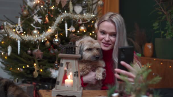 Uma mulher atraente grava um vídeo blog no mundo do Natal. — Vídeo de Stock