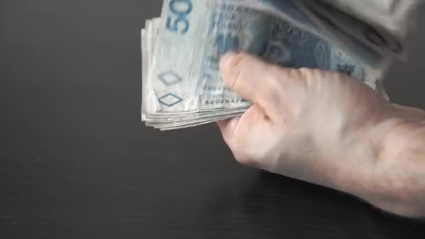 Räknar sedlar i händerna över bordet. Polska pengar. — Stockvideo