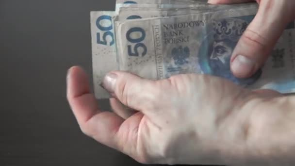 Papírbankjegyeket raknak egy kötegbe. Lengyel papírpénz. — Stock videók