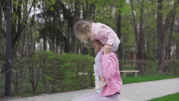 Daughter Slowly Gets Her Mothers Shoulders Sits Her Lap Her — Video Stock