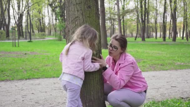 Μια Γυναίκα Αγγίζει Φλοιό Ενός Δέντρου Χέρι Της Και Βάζει — Αρχείο Βίντεο