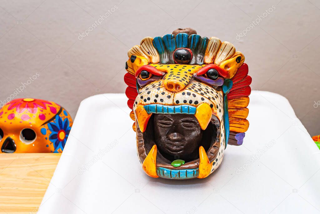 mexican handicraft image statue head of jaguar teotihuacan.