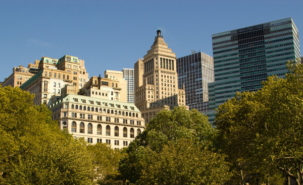 Office buildings in downtown Manhattan, New York as seen from Battery Park
