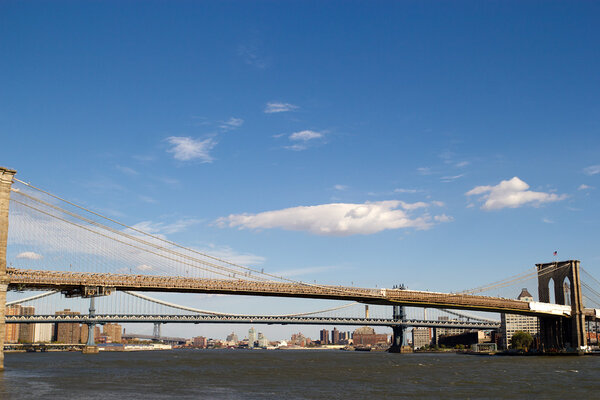 View of the Brooklyn, Manhattan and Williamsburg Bridges over the East River in Manhattan, New York