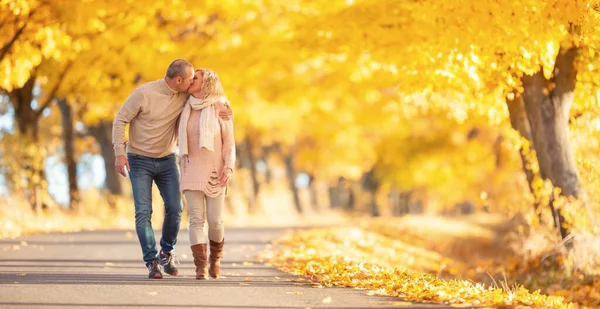 一对爱慕亲吻的成年男女漫步在美丽的秋天公园里 — 图库照片