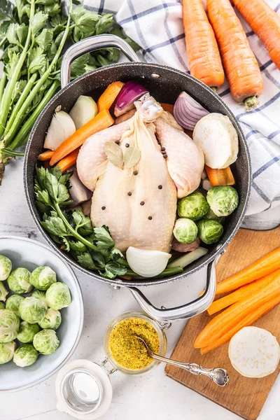 Chicken Ready Cook Broth Fresh Root Vegetables Spices Top View — Stock Photo, Image
