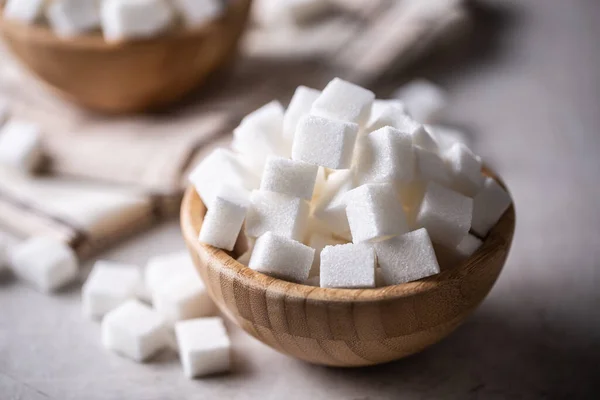 White Sugar Cubes Wooden Bowl Table — Stockfoto
