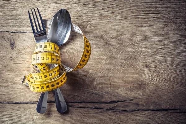 Spoon Fork Measuring Tape Kitchen Table Concept Healthy Diet — Fotografia de Stock