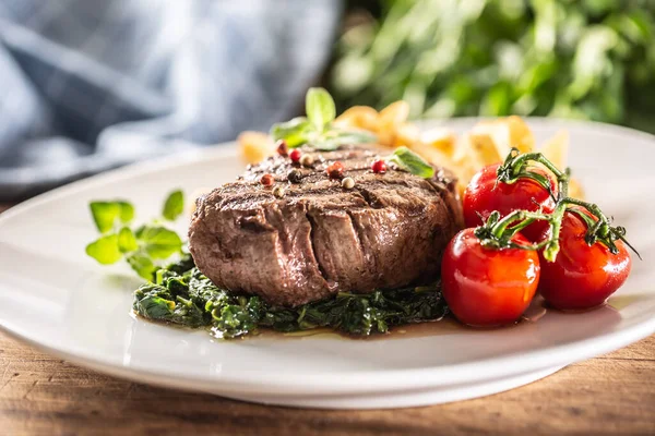 Well Done Steak Served Veggies Plate Ready Eaten — Stock Photo, Image