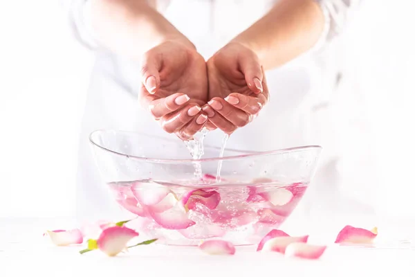 Female hands lifted from water in a glass bowl full of flower petals in a white environment.