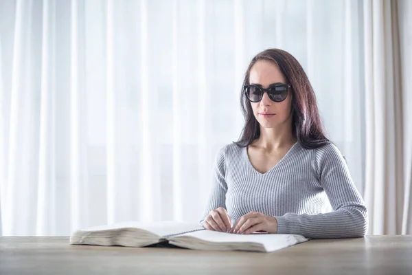 Blind Woman Reads Book Braille Table Front Her — Stock Photo, Image