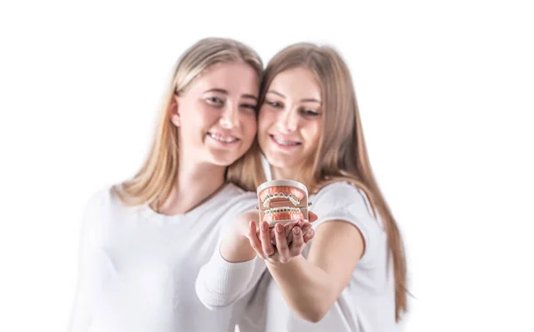 Два Веселых Подростка Показывают Перед Собой Модель Зубов Брекетами — стоковое фото
