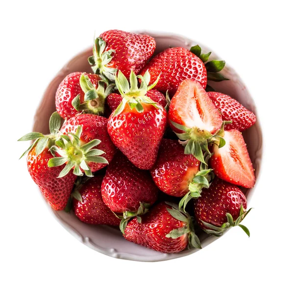 Frische Erdbeeren Einer Schüssel Auf Weißem Hintergrund Von Oben — Stockfoto