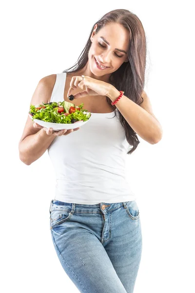 Good Looking Woman Holding Bowl Fresh Salad Tasting Black Olive — 스톡 사진