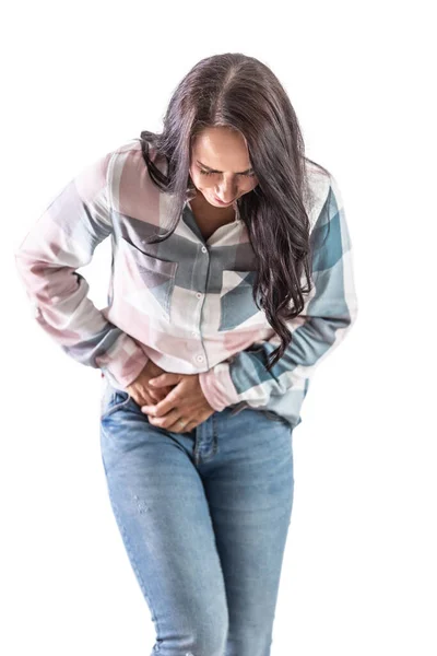 Geduckte Frau Die Ihren Bauch Vor Blinddarmschmerzen Hält Isoliert Auf — Stockfoto