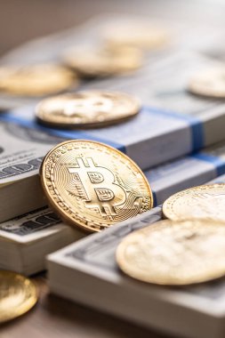 Amerikan banknotları üzerinde altın Bitcoinler. ABD para birimi ve kripto para birimi arasında çevrimiçi ticaret.