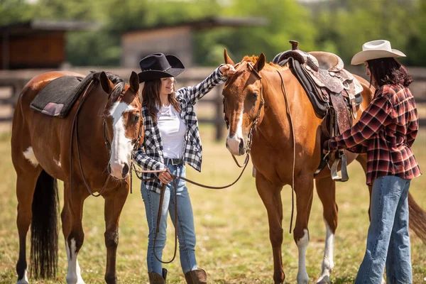 当她的朋友帮她牵马时 女牛仔把马鞍固定在漆马上 — 图库照片