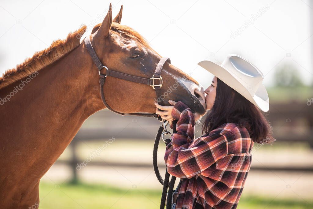 Youth girl kisses a brown horse expressing love towards the animals.
