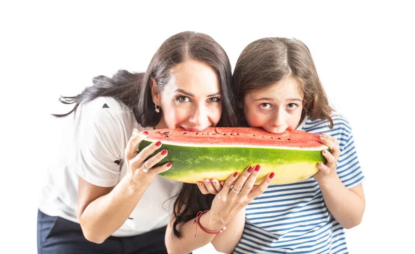 Mom Daughter Eating Huge Watermelon Isolated Wtite — Stock Photo, Image