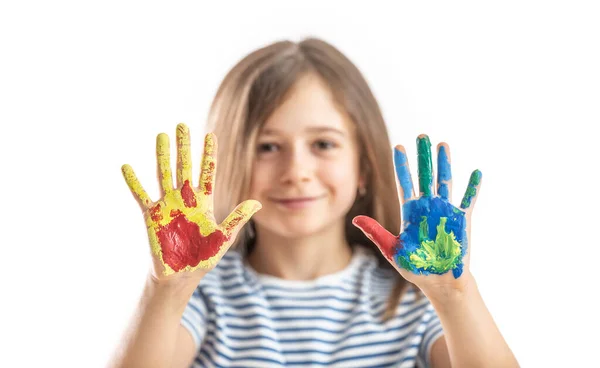 Malá Školačka Ukazuje Ruce Malované Akvarely Izolované Bílém — Stock fotografie