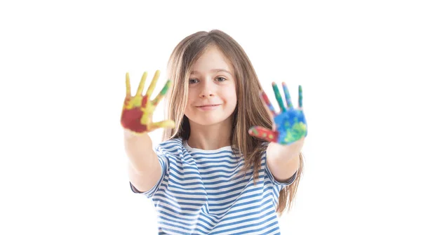 Pequena Estudante Mostra Mãos Pintadas Com Aquarelas Isolado Branco — Fotografia de Stock
