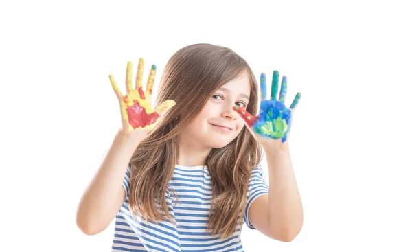 Pequena Estudante Mostra Mãos Pintadas Com Aquarelas Isolado Branco — Fotografia de Stock