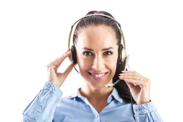 Beautiful Smiling Call Centre Worker Headset Microphone Smiling Camera — Fotografia de Stock