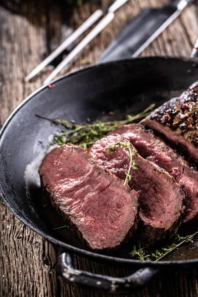 Grilled Beef Steak Pan Herbs — Fotografia de Stock